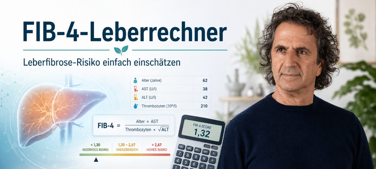 FIB-4-Leberrechner zur Einschätzung des Leberfibrose-Risikos mit René Gräber, Lebergrafik, Laborwerten und Risikoskala