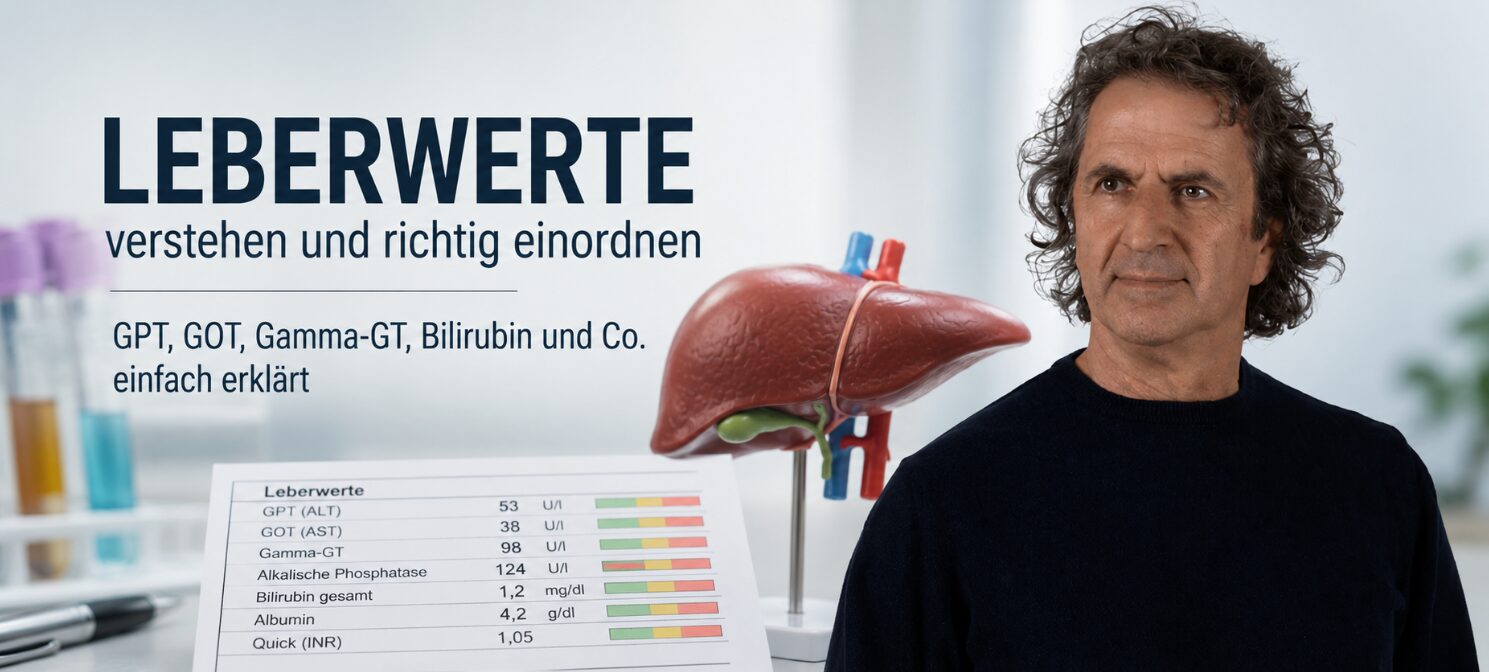 leberwerte-rene-graeber René Gräber vor Lebermodell und Laborblatt mit GPT, GOT, Gamma-GT und Bilirubin – Leberwerte verstehen und richtig einordnen
